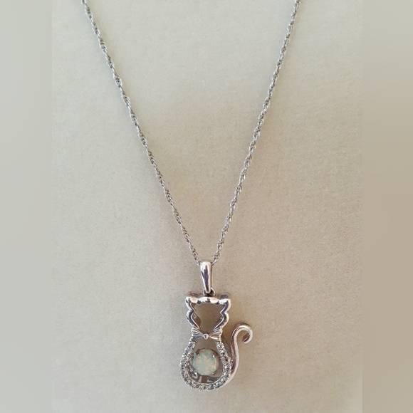 Elegant Silver Cat PendantWith Lab Created Opal And White Sapphires